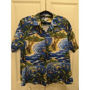 Vintage RJC Shirt Men XL Extra Large Blue  Beach and‎ Fish Hawaiian Made in USA